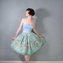 Load image into Gallery viewer, 50s 60s GREEN AND BLUE IMPRESSIONIST VILLAGE LANDSCAPE NOVELTY PRINT SKIRT - 25"