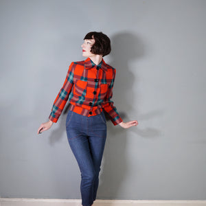 60s does 40s BROWNSTONES RED GREEN TARTAN BOMBER STYLE JACKET - S-M