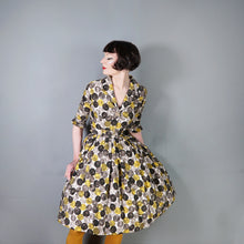 Load image into Gallery viewer, 50s 60s ASCOT MODEL GREY YELLOW CIRCLE PRINT BELTED SHIRTWAISTER DRESS - XS