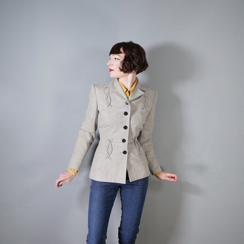 40s GREY WESTERN STYLE FITTED WOOL JACKET WITH PATCHWORK DESIGNS - M