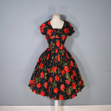 Load image into Gallery viewer, 50s A DIANA DRESS BLACK RED FLORAL ROSE PRINT TAFFETA DRESS - XS