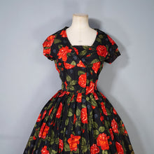 Load image into Gallery viewer, 50s A DIANA DRESS BLACK RED FLORAL ROSE PRINT TAFFETA DRESS - XS