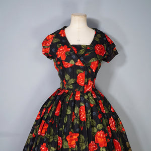 50s A DIANA DRESS BLACK RED FLORAL ROSE PRINT TAFFETA DRESS - XS
