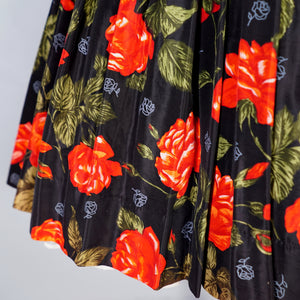 50s A DIANA DRESS BLACK RED FLORAL ROSE PRINT TAFFETA DRESS - XS