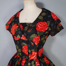 Load image into Gallery viewer, 50s A DIANA DRESS BLACK RED FLORAL ROSE PRINT TAFFETA DRESS - XS
