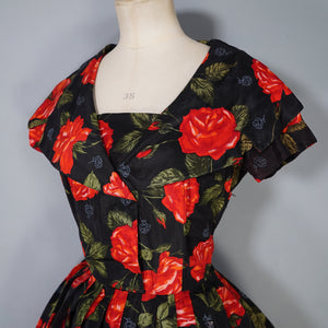 50s A DIANA DRESS BLACK RED FLORAL ROSE PRINT TAFFETA DRESS - XS