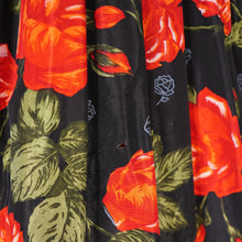 Load image into Gallery viewer, 50s A DIANA DRESS BLACK RED FLORAL ROSE PRINT TAFFETA DRESS - XS
