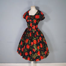 Load image into Gallery viewer, 50s A DIANA DRESS BLACK RED FLORAL ROSE PRINT TAFFETA DRESS - XS