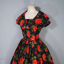 Load image into Gallery viewer, 50s A DIANA DRESS BLACK RED FLORAL ROSE PRINT TAFFETA DRESS - XS