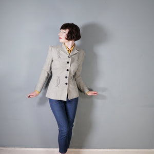 40s GREY WESTERN STYLE FITTED WOOL JACKET WITH PATCHWORK DESIGNS - M