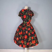 Load image into Gallery viewer, 50s A DIANA DRESS BLACK RED FLORAL ROSE PRINT TAFFETA DRESS - XS