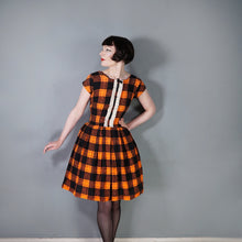 Load image into Gallery viewer, 60s ORANGE BLACK SOFT WARM FLANNEL FULL SKIRT DRESS WITH RUFFLE - XS-S