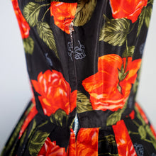 Load image into Gallery viewer, 50s A DIANA DRESS BLACK RED FLORAL ROSE PRINT TAFFETA DRESS - XS