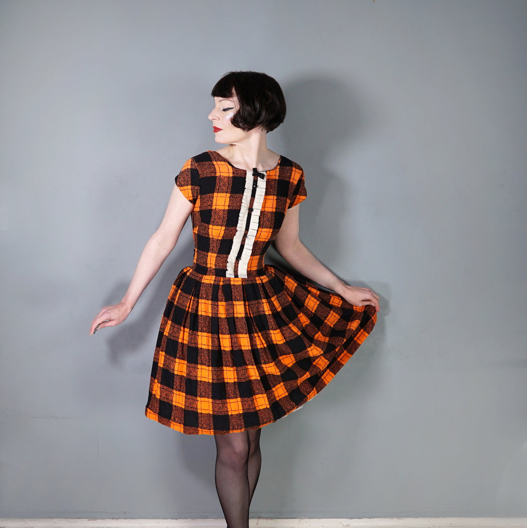 60s ORANGE BLACK SOFT WARM FLANNEL FULL SKIRT DRESS WITH RUFFLE - XS-S