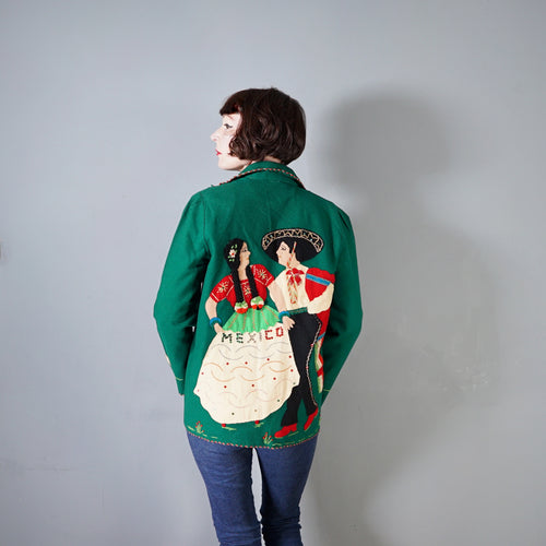 50s LOPEZ GREEN MEXICAN TOURIST / SOUVENIR FELT APPLIQUE JACKET - S-M