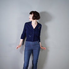 Load image into Gallery viewer, 50s / 60s NAVY BLUE PRINGLE SCOTTISH HAND INLAID INTARSIA BLUEBELL CARDIGAN - S