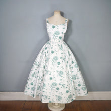 Load image into Gallery viewer, 50s HORROCKSES GREEN AND WHITE FLORAL FULL SKIRTED COTTON PARTY DRESS - S