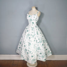Load image into Gallery viewer, 50s HORROCKSES GREEN AND WHITE FLORAL FULL SKIRTED COTTON PARTY DRESS - S