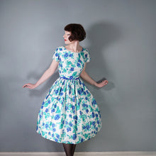 Load image into Gallery viewer, 50s BLUE WHITE FLORAL ROSE PRINT FULL SKIRTED COTTON DRESS - S