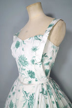 Load image into Gallery viewer, 50s HORROCKSES GREEN AND WHITE FLORAL FULL SKIRTED COTTON PARTY DRESS - S