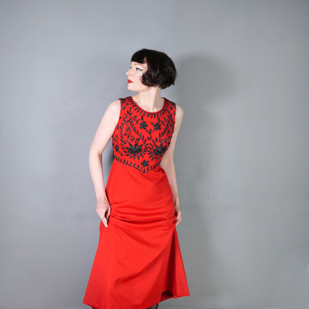 60s RED DRESS WITH SILVER AND BLACK SOUTACHE EMBELLISHMENT - S