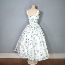 Load image into Gallery viewer, 50s HORROCKSES GREEN AND WHITE FLORAL FULL SKIRTED COTTON PARTY DRESS - S