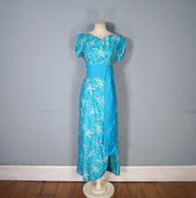 Load image into Gallery viewer, 60s HAWAIIAN TIKI TURQUOISE FLORAL MAXI PILLAR DRESS WITH SASH - S