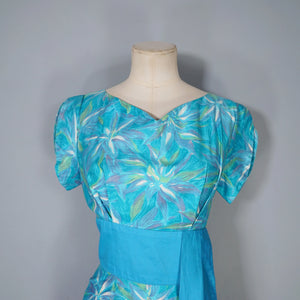 60s HAWAIIAN TIKI TURQUOISE FLORAL MAXI PILLAR DRESS WITH SASH - S