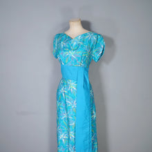 Load image into Gallery viewer, 60s HAWAIIAN TIKI TURQUOISE FLORAL MAXI PILLAR DRESS WITH SASH - S