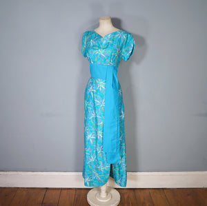 60s HAWAIIAN TIKI TURQUOISE FLORAL MAXI PILLAR DRESS WITH SASH - S