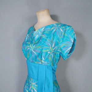 60s HAWAIIAN TIKI TURQUOISE FLORAL MAXI PILLAR DRESS WITH SASH - S