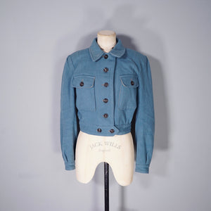 40s style HAND TAILORED DUSKY BLUE CROPPED SKI JACKET WITH POINTY HOOD - S-M