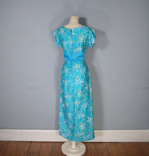 Load image into Gallery viewer, 60s HAWAIIAN TIKI TURQUOISE FLORAL MAXI PILLAR DRESS WITH SASH - S