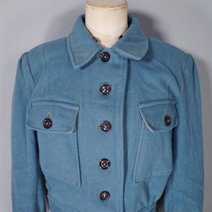 40s style HAND TAILORED DUSKY BLUE CROPPED SKI JACKET WITH POINTY HOOD - S-M