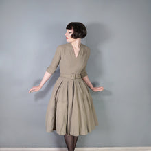 Load image into Gallery viewer, 40s 50s OLIVE COLOURED WOOL CREPE FULL SKIRTED DRESS WITH CINCH BELT - XS