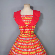 Load image into Gallery viewer, 50s BRIGHT RED AND YELLOW FLORAL FULL SKIRTED COTTON DRESS - S-M