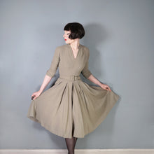Load image into Gallery viewer, 40s 50s OLIVE COLOURED WOOL CREPE FULL SKIRTED DRESS WITH CINCH BELT - XS