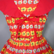 Load image into Gallery viewer, 50s BRIGHT RED AND YELLOW FLORAL FULL SKIRTED COTTON DRESS - S-M