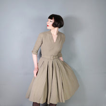 Load image into Gallery viewer, 40s 50s OLIVE COLOURED WOOL CREPE FULL SKIRTED DRESS WITH CINCH BELT - XS