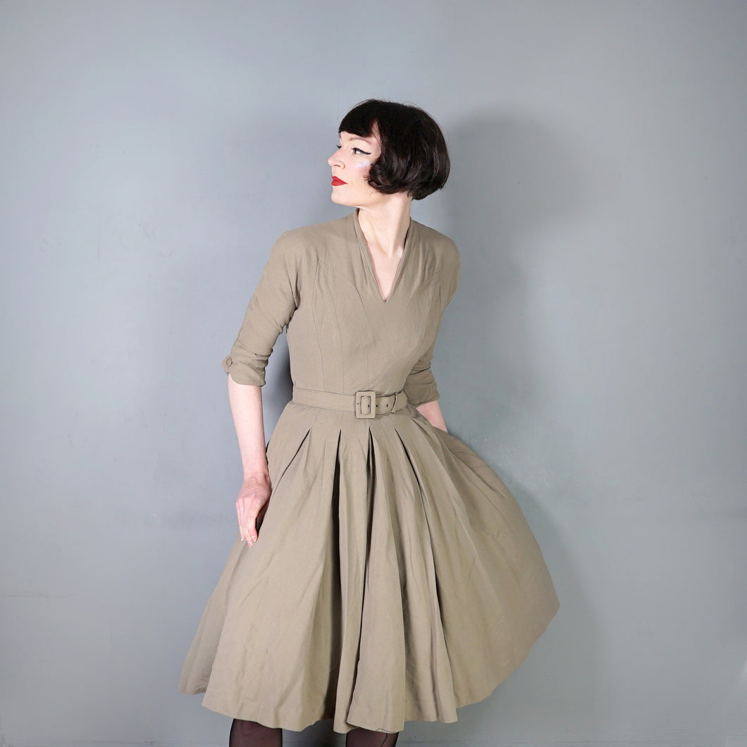 40s 50s OLIVE COLOURED WOOL CREPE FULL SKIRTED DRESS WITH CINCH BELT - XS