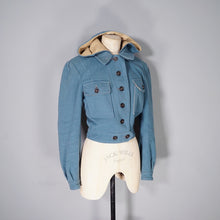 Load image into Gallery viewer, 40s style HAND TAILORED DUSKY BLUE CROPPED SKI JACKET WITH POINTY HOOD - S-M