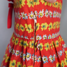 Load image into Gallery viewer, 50s BRIGHT RED AND YELLOW FLORAL FULL SKIRTED COTTON DRESS - S-M