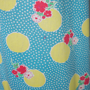 40s TURQUOISE AND YELLOW PRINT ZIP FRONT COTTON HOUSE GOWN / DRESS - S