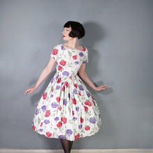 Load image into Gallery viewer, 50s HANDMADE RED AND PURPLE STEMMED FLORAL COTTON DRESS - S