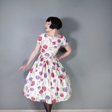 Load image into Gallery viewer, 50s HANDMADE RED AND PURPLE STEMMED FLORAL COTTON DRESS - S
