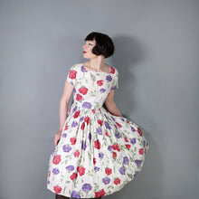 Load image into Gallery viewer, 50s HANDMADE RED AND PURPLE STEMMED FLORAL COTTON DRESS - S