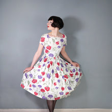 Load image into Gallery viewer, 50s HANDMADE RED AND PURPLE STEMMED FLORAL COTTON DRESS - S