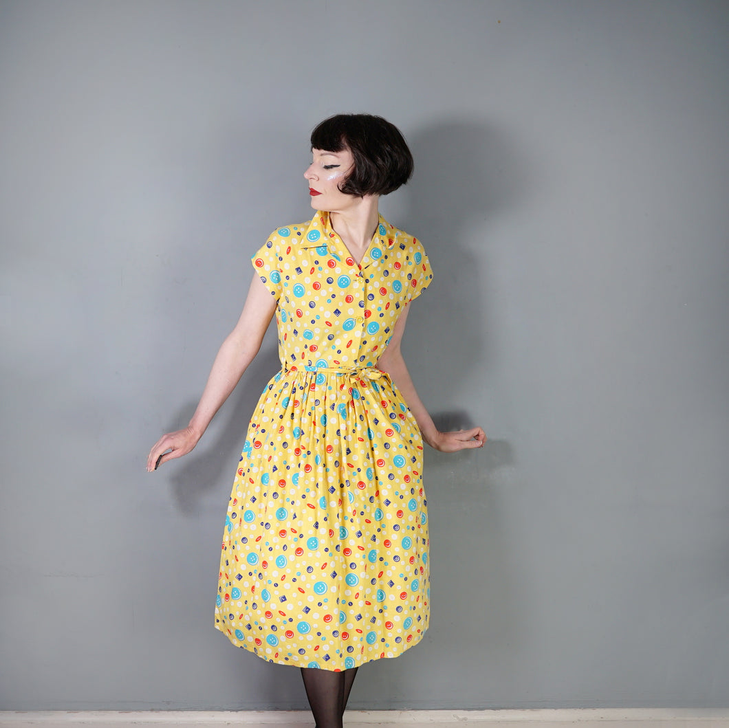 40s BRIGHT YELLOW NOVELTY BUTTON PRINT SHIRT WAIST DAY DRESS - S