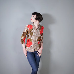 60s BROWN ST MICHAEL SHIRT WITH HUGE RED FLORAL PRINT - S