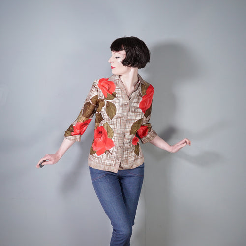 60s BROWN ST MICHAEL SHIRT WITH HUGE RED FLORAL PRINT - S